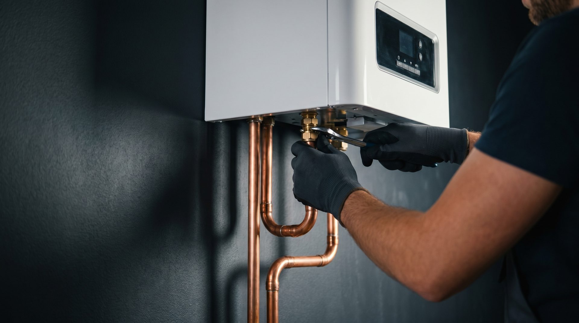 Engineer installing a new boiler with copper pipework